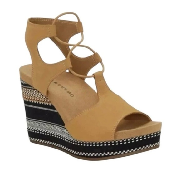 Lucky Brand Yejida Tan Leather Woven Strappy Platform Wedge Sandals Size 10 - Picture 1 of 10